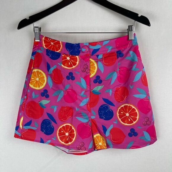 Fruit print high waisted hot shorts with side pockets pink - Picture 8 of 11